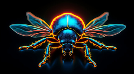 Fototapeta premium Glowing neon digital illustration of bee with vibrant blue and orange colors on black background, showing detailed wings and legs
