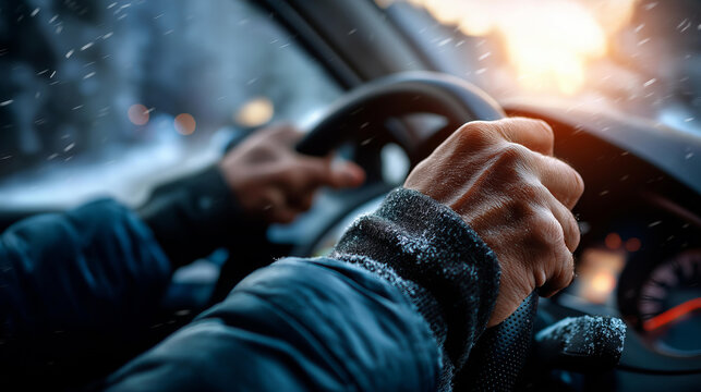 Faceless driver's hands on steering wheel navigating through blizzard conditions defocused white out windshield background winter driving concentration severe weather