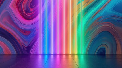 Vibrant neon lights reflecting on a glossy surface with abstract background