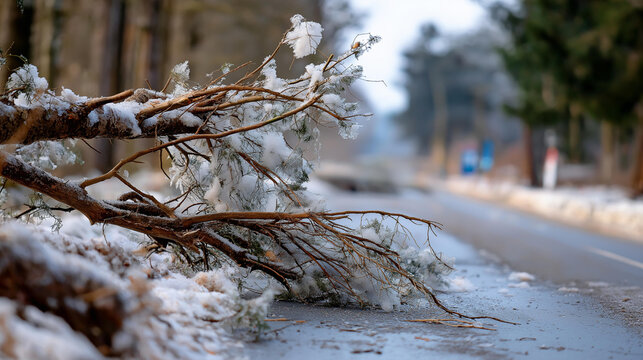 Winter accumulation blocking routes with broken vegetation faceless storm aftermath defocused soft background trees collapsed from wet snow blockage scene weather damage