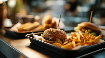 Detailed view of quick service meals including burger hot dogs chicken fries soft defocused fast food background high energy meal closeup convenience food display dietary