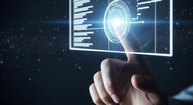 Fingerprint scanning on futuristic touchscreen display with data visualization and security