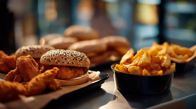 Detailed view of quick service meals including burger hot dogs chicken fries soft defocused fast food background high energy meal closeup convenience food display dietary