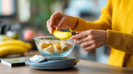 Overhead view faceless young female placing fruit on measuring device defocused background banana weighing scene energy counting activity portion tracking display with copy