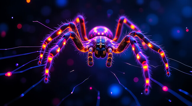 Neon lit spider with bioluminescent markings glowing in vibrant purple and orange colors, creating futuristic and captivating effect