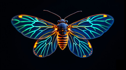 Obraz premium Close up glowing cicada with transparent wings showing vibrant blue and orange patterns against dark background, highlighting intricate details
