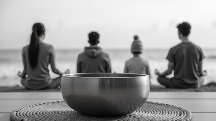 Meditation practice with family by beach, featuring singing bowl in foreground. serene atmosphere promotes relaxation and mindfulness