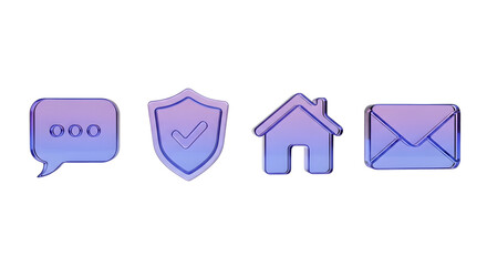 soft purple UI icon line-up: chat bubble, security shield, home, and envelope — suited for app navigation bars, settings menus, feature highlights, and user interface icon sets.

