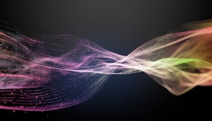 Abstract flowing colorful particles forming waves against a dark gradient background with subtle lighting