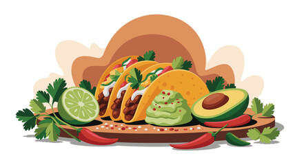 Delicious Taco Fiesta: Three Tacos with Guacamole, Avocado, Lime, and Chili Peppers - Mexican Cuisine Illustration.