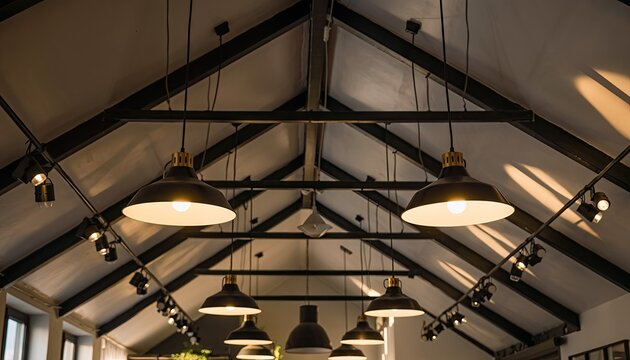 Industrial Style Pendant Lights Hanging From A White Ceiling With Exposed Beams And Spotlights Creating Warm Ambiance