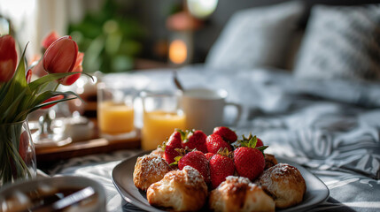 Sweet morning meal in sleeping area defocused bed background breakfast in bed scene indulgent food display comfort eating visualization leisurely meal moment with copy space