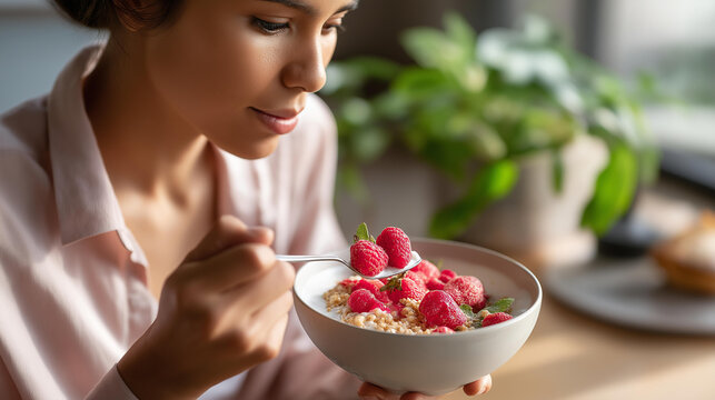 Faceless individual having morning meal with grain dish and fruit soft defocused breakfast background energy application usage nutritional monitoring routine dietary tracking