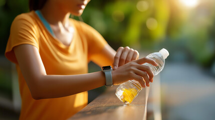 Wrist device tracking energy and liquid intake soft defocused health background smartwatch hydration monitoring fitness metrics display wellness tracking technology athletic