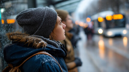 Faceless pedestrians at public transportation shelter during precipitation defocused bus stop background waiting in snowfall winter commuter scene transit in storm seasonal