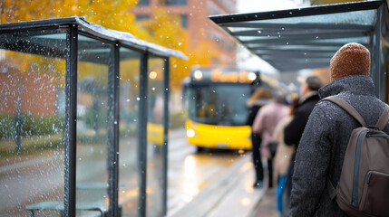 Faceless pedestrians at public transportation shelter during precipitation defocused bus stop background waiting in snowfall winter commuter scene transit in storm seasonal