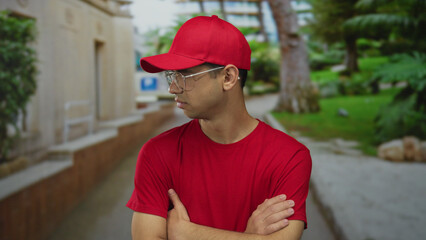 Young man wearing red cap and glasses with arms crossed in park under bright sunlight; quiet...