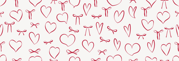 Red hearts with bows for a postcard or wrapping on a holiday. Seamless pattern.