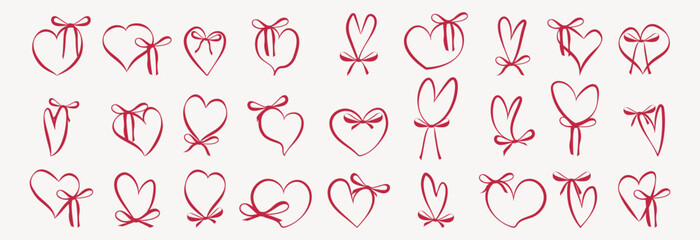 Set of red hearts with bow of different shapes for web. Collection of hearts.
