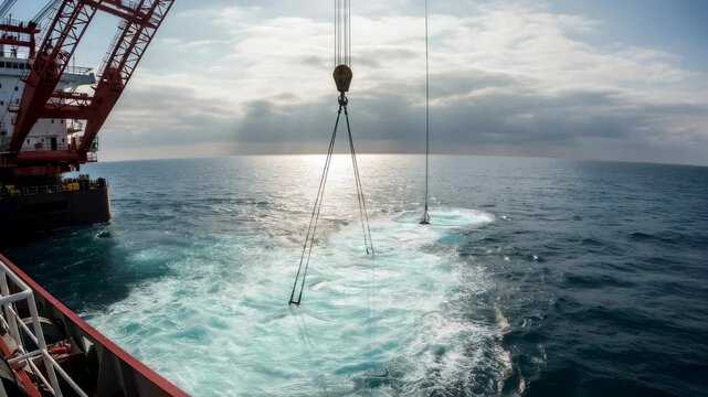 Heavy lift vessel deploying gas pipeline into ocean underwater from an oil platform for energy industry