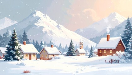 Fototapeta premium Cozy pastel Christmas village in snowy landscape, simple cute shapes, soft festive winter atmosphere, perfect for warm holiday greeting card template