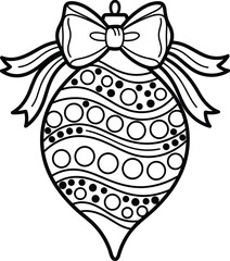 Black and White Christmas Ornament Coloring Page with Bow, Festive Holiday Decoration Line Art, Detailed Vector Illustration.