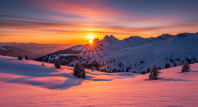 A spectacular winter sunset casting a warm golden glow over a serene, snow-covered mountain landscape