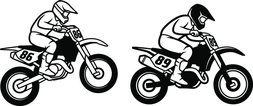 Silhouette vector motocross riders performing jumps on dirt bikes, extreme racing action illustration, sports competition design, dynamic motorbike artwork