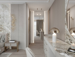 Stylish bedroom featuring soft textures, neutral colors, and large windows for natural light.