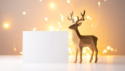 Cute geometric reindeer silhouette with warm lights and white postcard center, child-friendly festive holiday greeting card layout