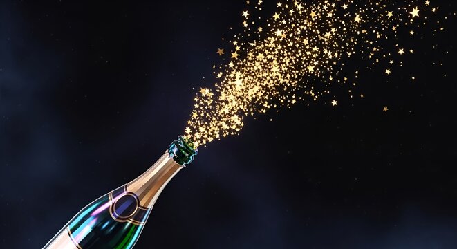 Elegant champagne bottle bursting with golden stars for festive celebrations