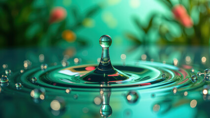 Close up view of water droplet creating ripples serene environment, showcasing vibrant colors and reflections. image evokes sense of tranquility