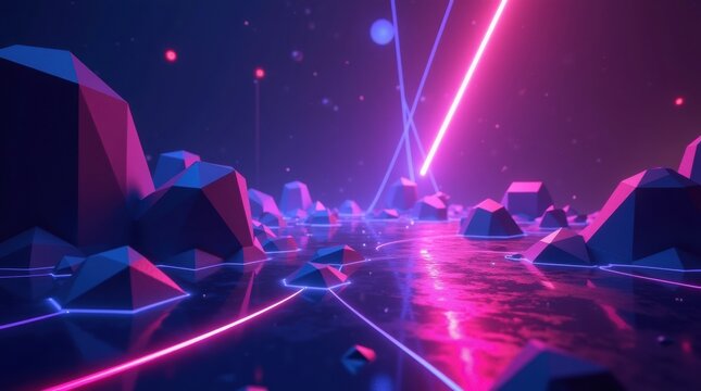 Futuristic neon landscape with glowing geometric shapes and light trails
