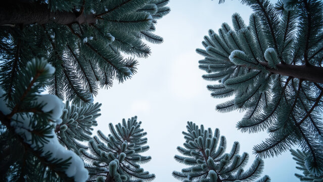 Snow covered trees create serene winter scene, with branches reaching towards cloudy sky. tranquil atmosphere evokes sense of peace and beauty