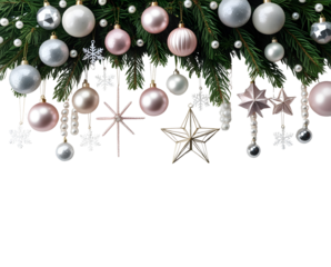 Christmas decorated with ornaments, hanging elements and 3D geometric star. isolated on a white. Generative AI