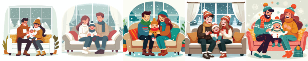 happy little family sitting together on the sofa on Christmas Eve