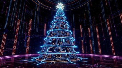 Glowing neon Christmas tree designed with circuit board patterns. Abstract digital environment with futuristic light trails. Panning camera movement. - Powered by Adobe