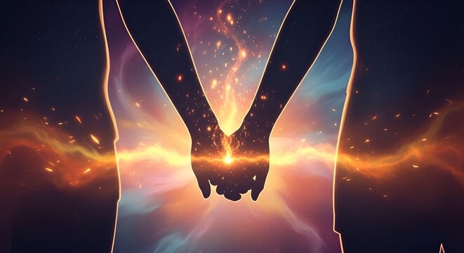 Cosmic Connection: Couple holding hands against a vibrant space background