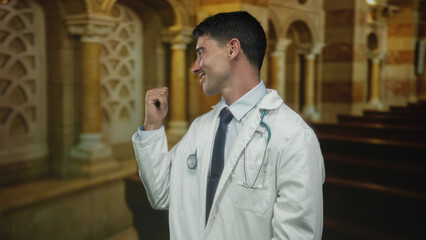 Man doctor in ornate church interior pointing thumb backward with stethoscope on his white coat; confidence.