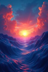 Vibrant sunset over stormy ocean waves with dramatic clouds