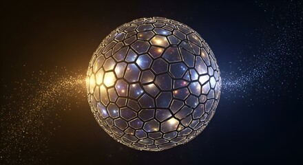 Futuristic sphere with cellular pattern radiating light and particles on dark background