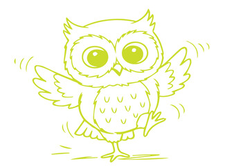 Whimsical owl character dancing joyfully with outstretched wings and one leg lifted