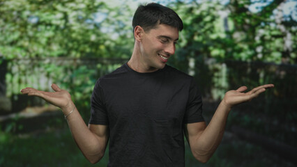 Young hispanic man stands smiling and shows open palms gesture amidst bright lush forest trees;...