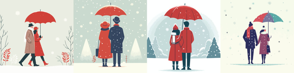 couple walking with umbrellas under falling snow
