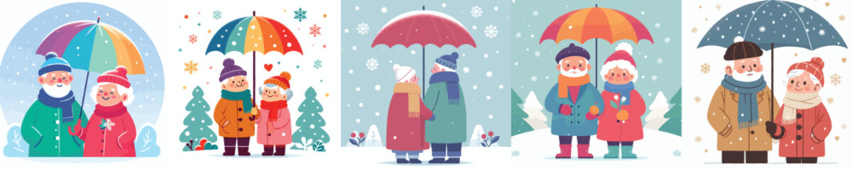 old couple walking with umbrellas under falling snow