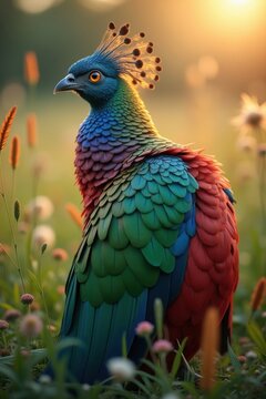 Vibrant himalayan monal pheasant with colorful plumage in a meadow