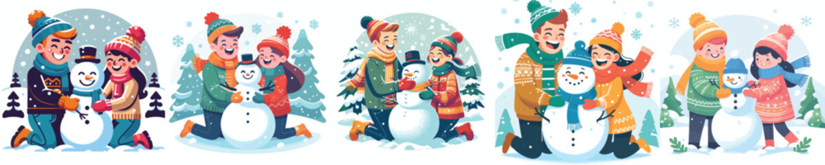 happy couple making a snowman together