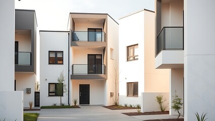 A modern housing complex with clean architectural lines, illuminated by soft daylight.