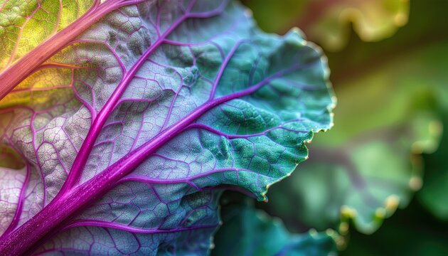 Close Up Macro View Of A Vibrant Purple And Green Leaf Vein Structure With Dew Drops And Soft Sunlight Filtering Through - Powered by Adobe