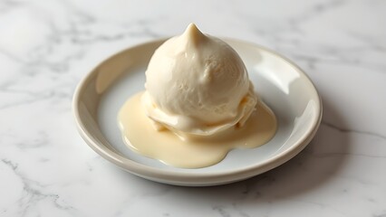 A single scoop of vanilla ice cream on a ceramic plate, showcasing creamy texture with subtle drips against a minimalist marble background.
